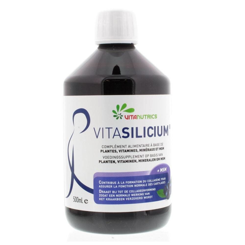 Donkere fles met witte dop. Etiket met "Vitanutrics Vita-Silicium". Tekst in het Frans en Nederlands. Inhoud 500ml.