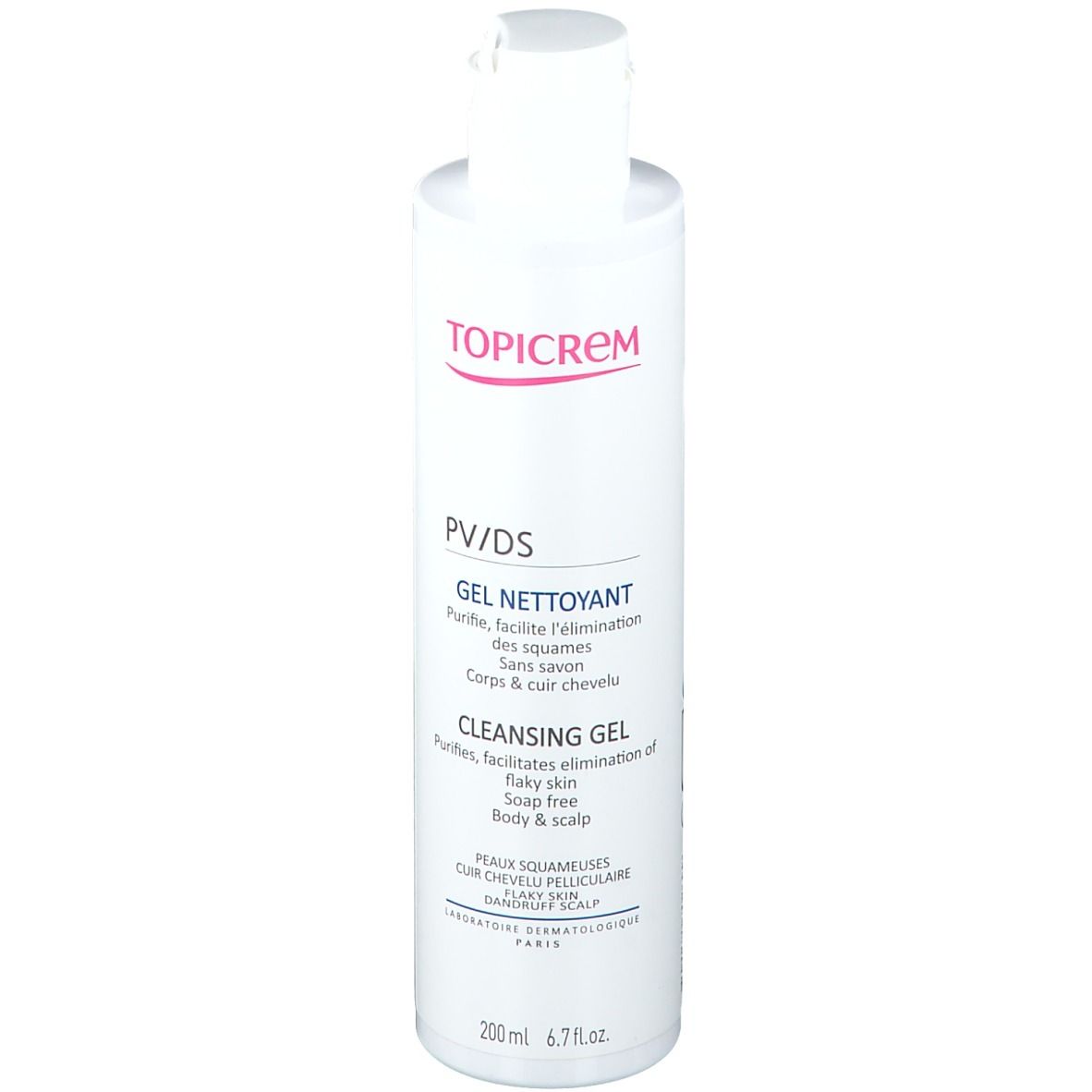 Flacon blanc TOPICREM PV/DS Gel nettoyant. Inscriptions rouges. Nom du produit et texte en français et anglais.