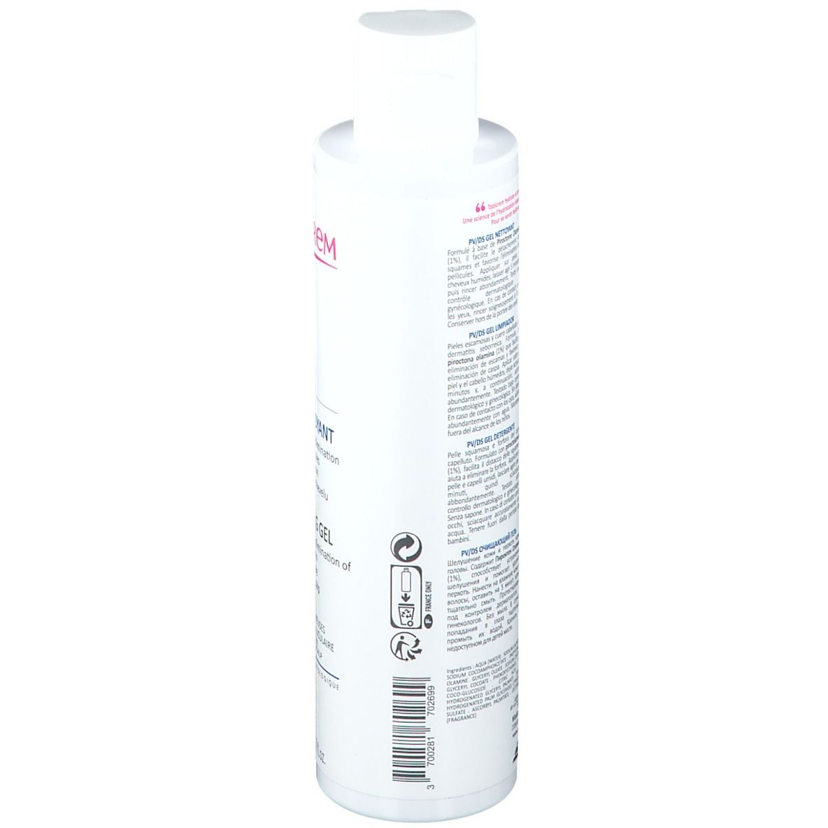 Flacon blanc TOPICREM PV/DS Gel nettoyant. Dos avec texte et symboles. Code-barres et informations.