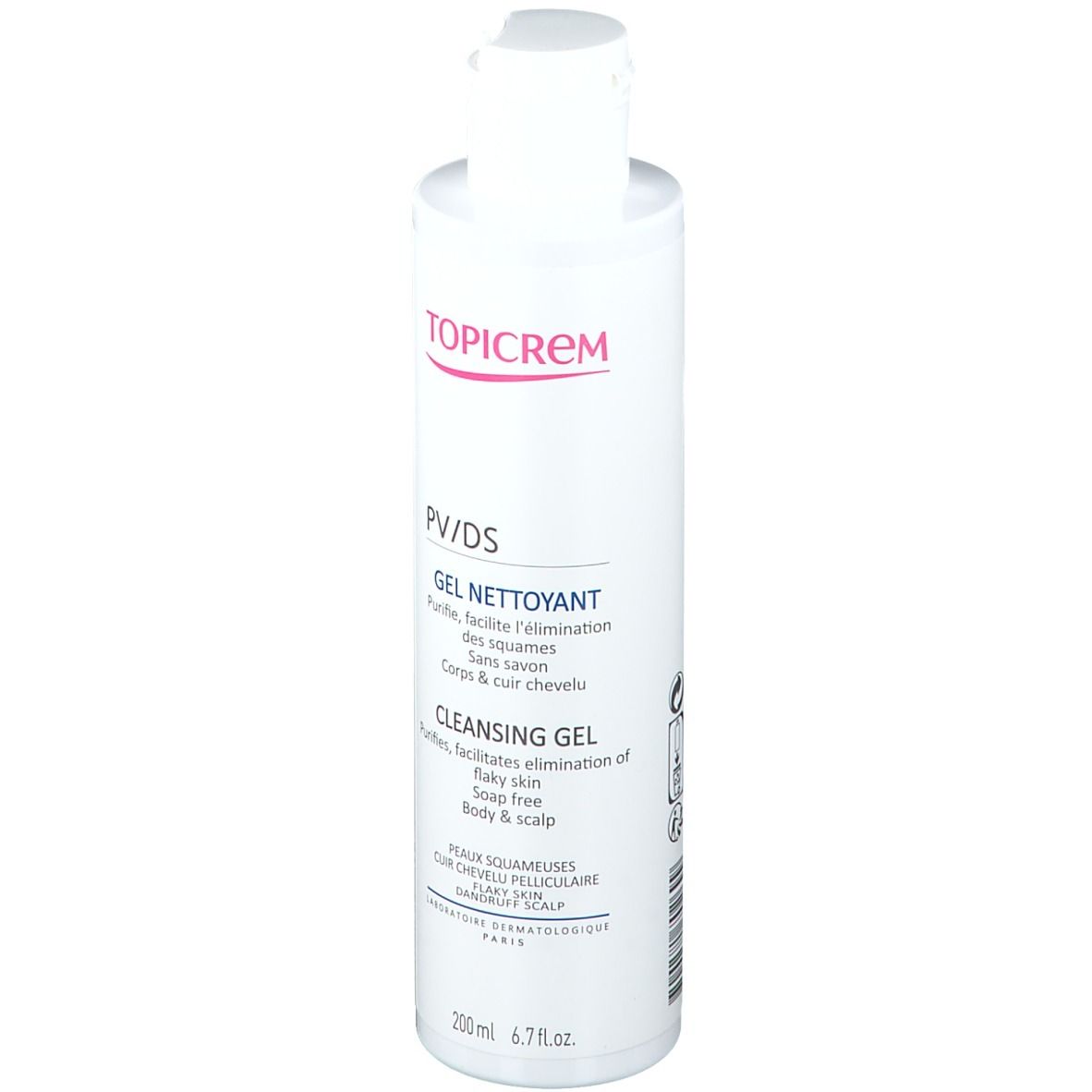 Flacon blanc TOPICREM PV/DS Gel nettoyant. Inscriptions rouges. Nom du produit et texte en français et anglais.