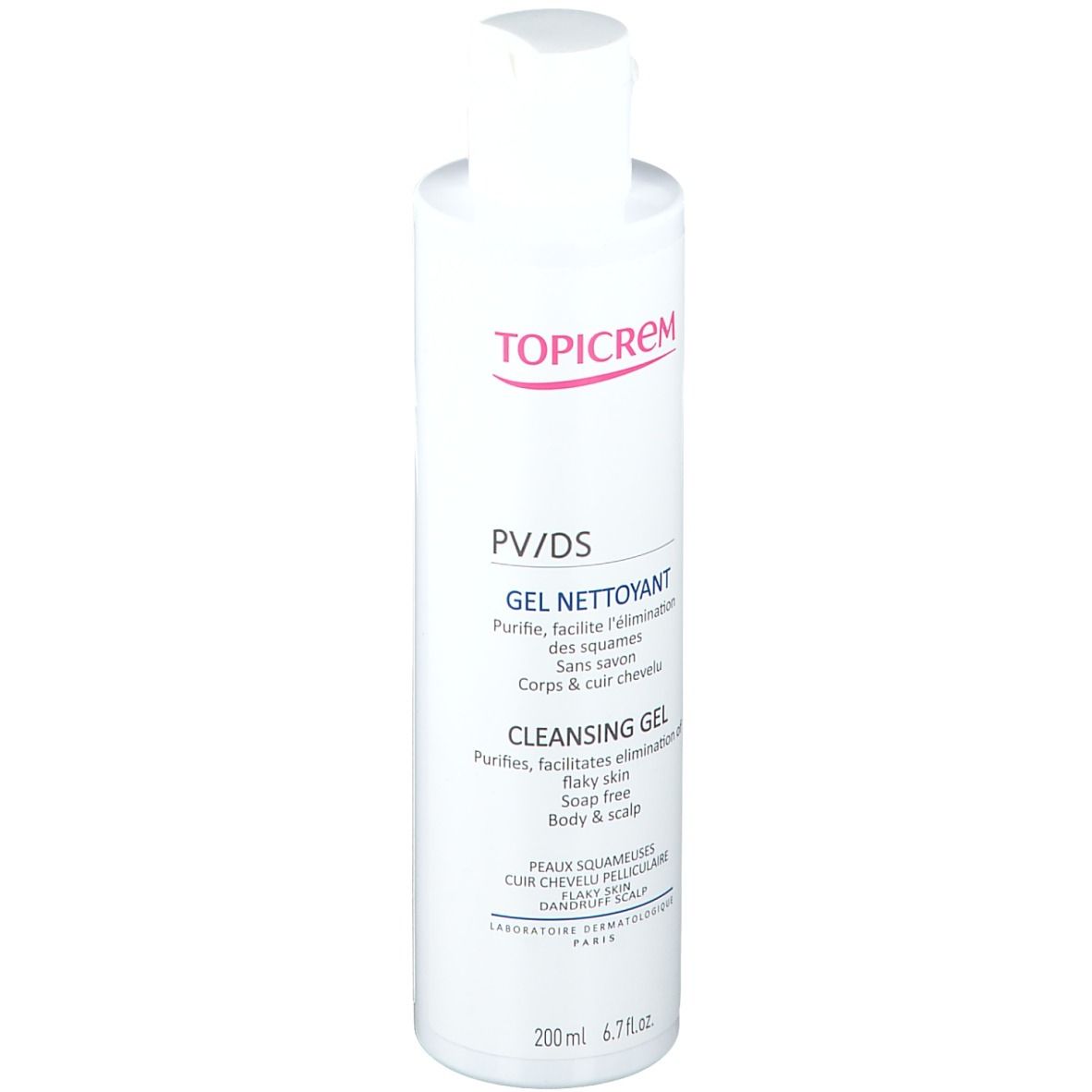 Flacon blanc TOPICREM PV/DS Gel nettoyant. Inscriptions rouges. Nom du produit et texte en français et anglais.