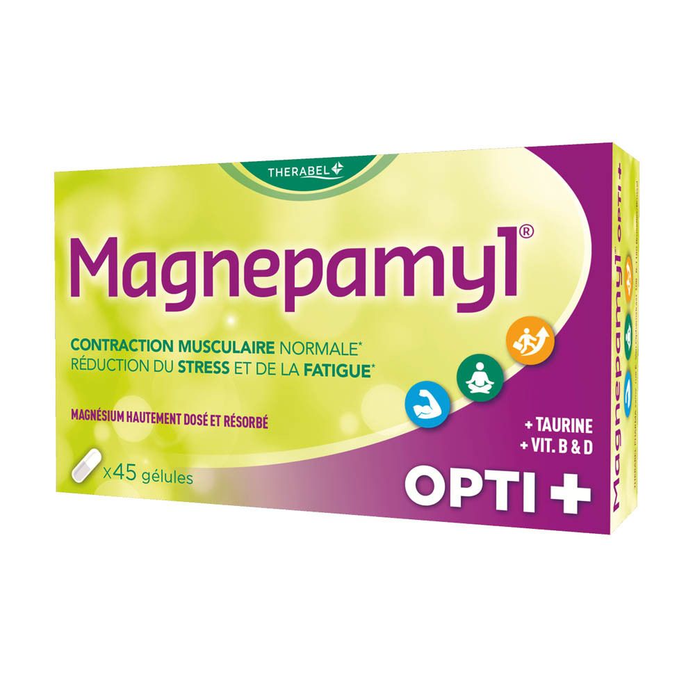 Boîte de Magnepamyl Opti+. Contient 45 gélules. Inscription : Contraction, réduction du stress, fatigue.