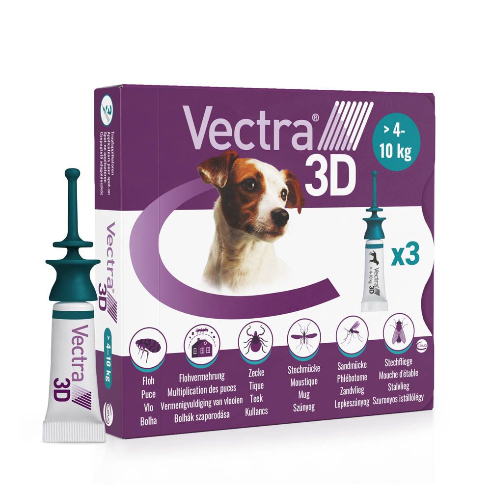 Vectra 3D verpakking. Bevat 3 pipetten. Afbeelding van een hond en productinformatie.