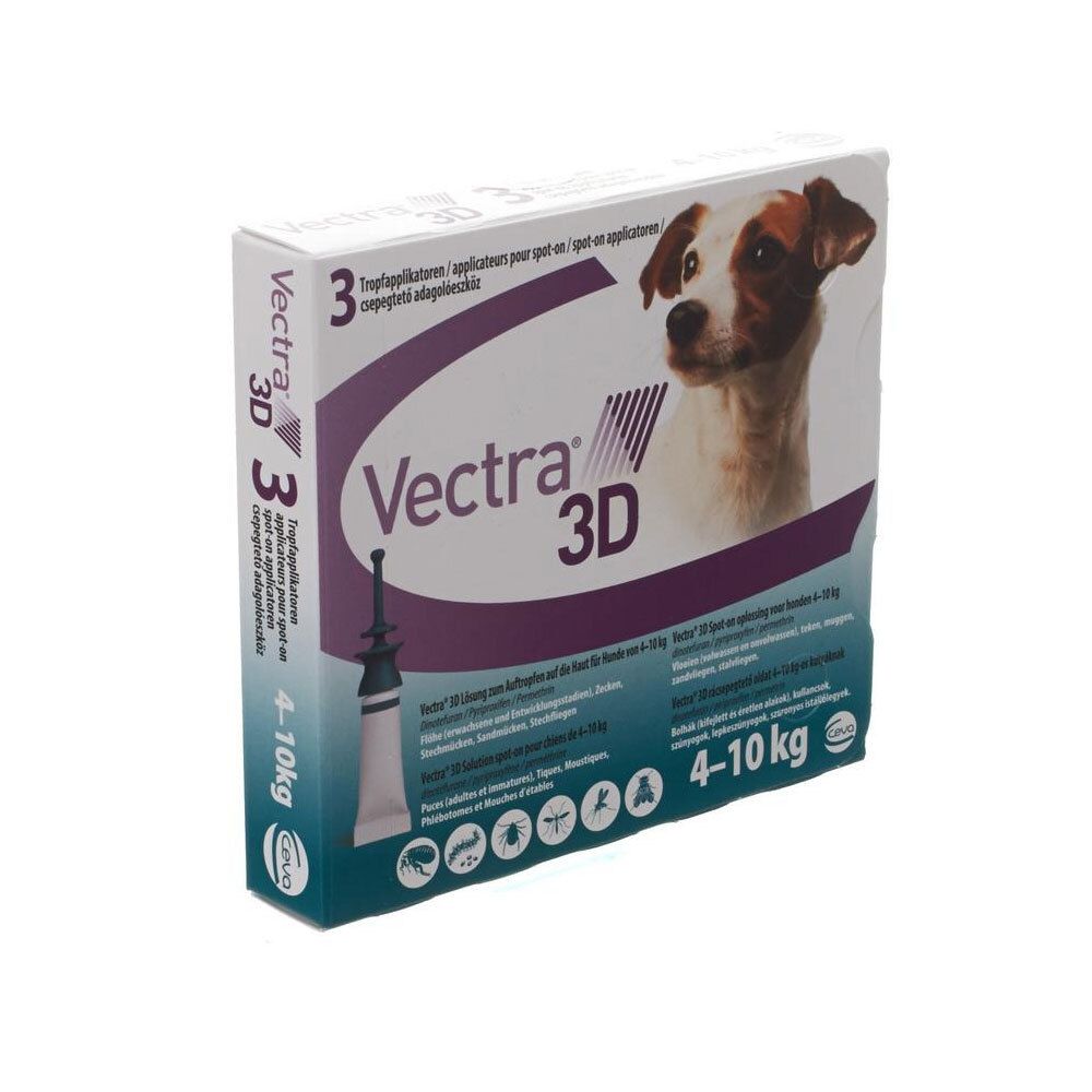 Verpakking van Vectra 3D. Bevat 3 applicators. Voor honden van 4-10 kg. Afbeelding van een hond op de verpakking.