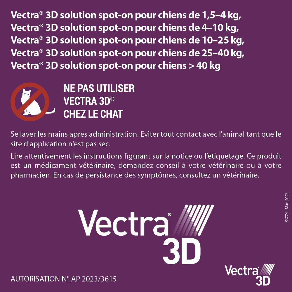 Boîte et pipettes Vectra® 3D. 3 pipettes. Pour chiens 4-10 kg. Fabriqué en France.