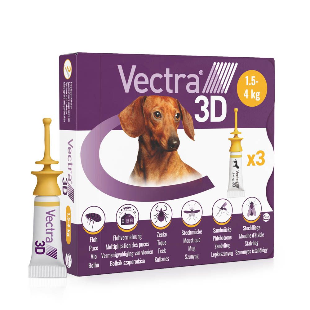 Verpakking Vectra 3D. Bevat 3 applicators voor honden 1,5-4 kg. Afbeelding van hond en productnaam.