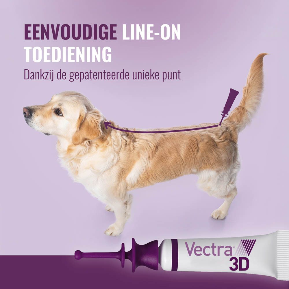 Verpakking Vectra® 3D. Voor honden 10-25 kg. Afbeelding van een hond.