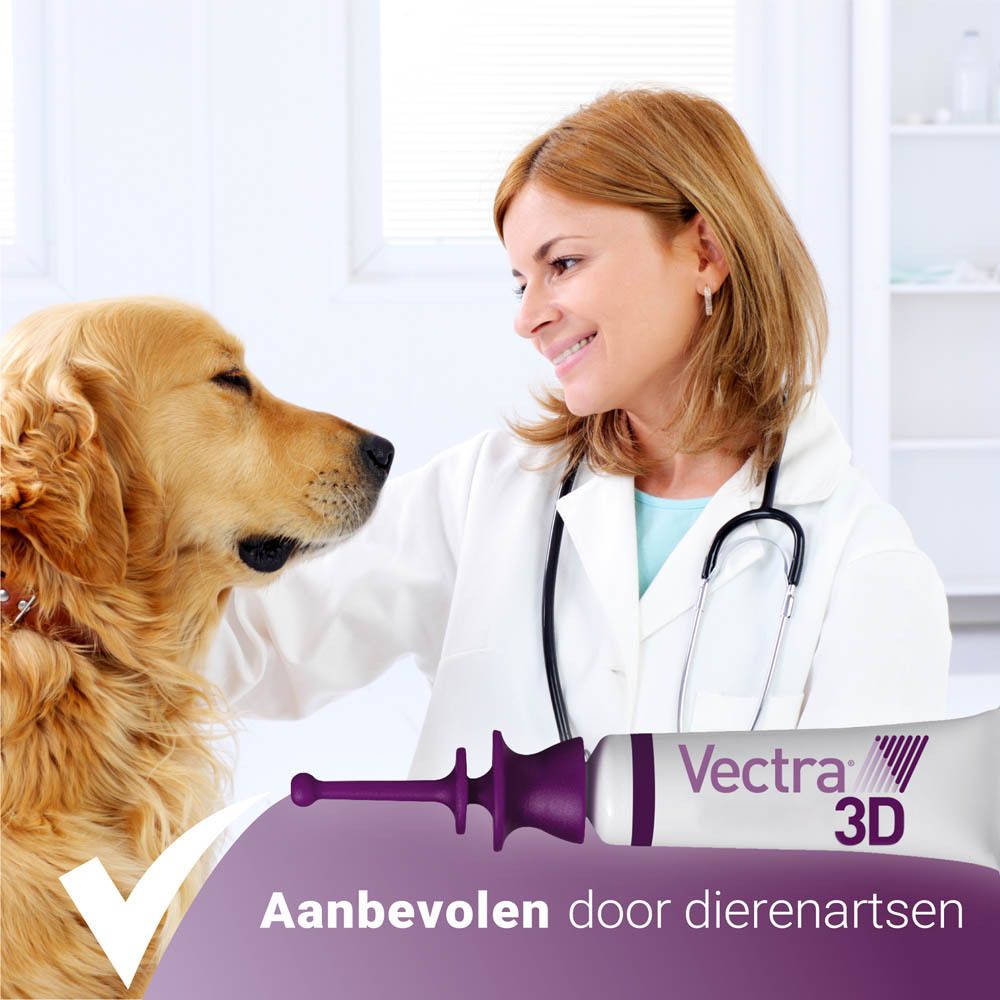 Vectra® 3D-pipet. Toont een pipet met info over vlooien, teken, muggen, etc. Stopt de beet.