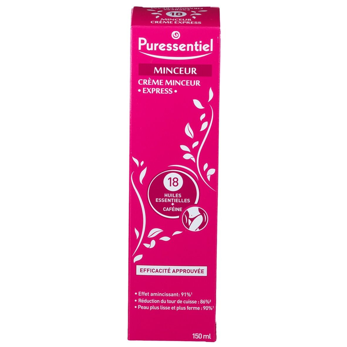 Emballage de produit rose et haut. Affiche le nom du produit, les ingrédients et les certifications. Volume : 150 ml.