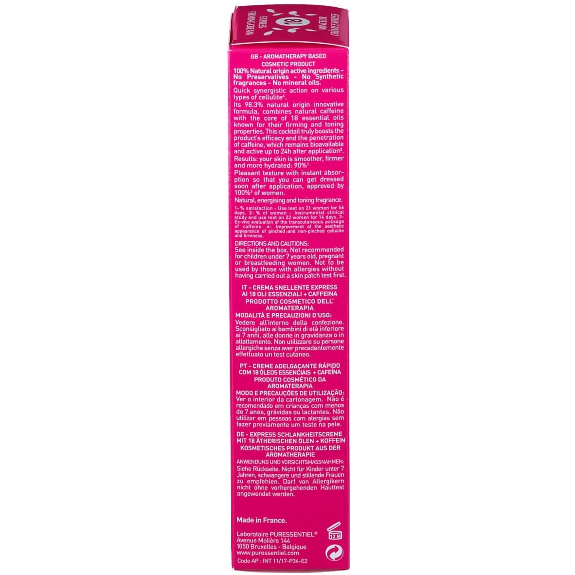 Dos de l'emballage du produit. Texte en plusieurs langues. Contient des informations sur les ingrédients et l'utilisation.