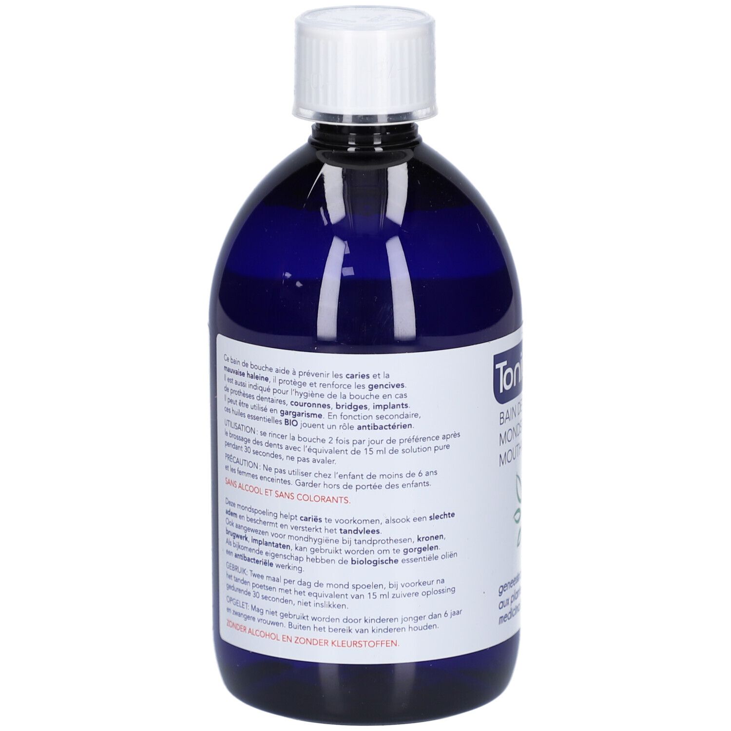 Achterkant van de blauwe fles. Tekst in meerdere talen. Bevat informatie over gebruik en ingrediënten.