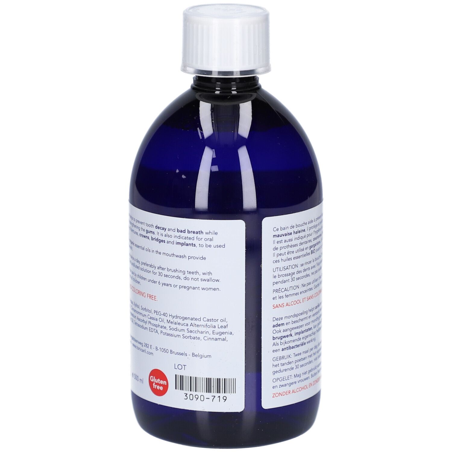 Achterkant van de blauwe fles. Tekst in meerdere talen. Glutenvrij logo. Lotnummer.