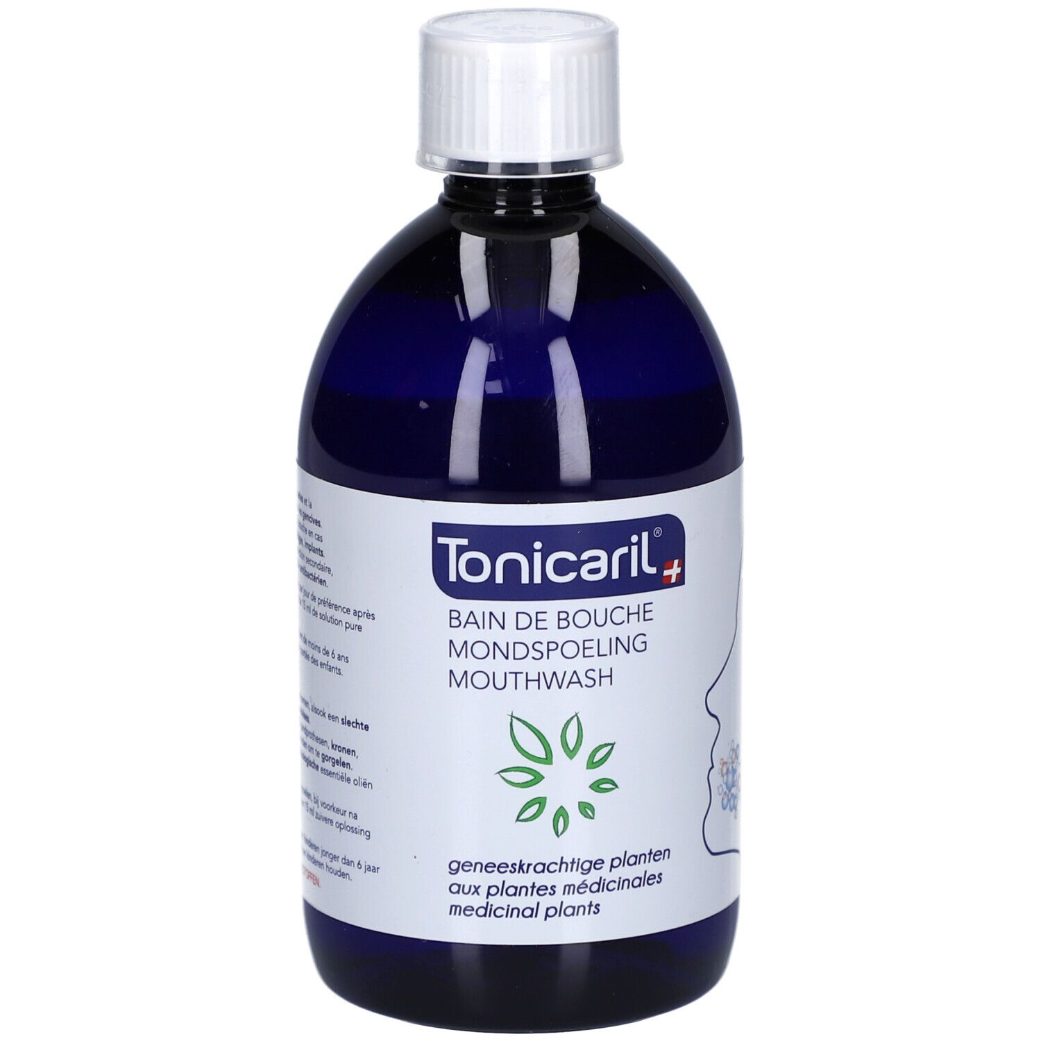 Blauwe fles met witte dop. Opschrift: Tonicaril, Bain de Bouche, Mouthwash. Met planten-symbool.