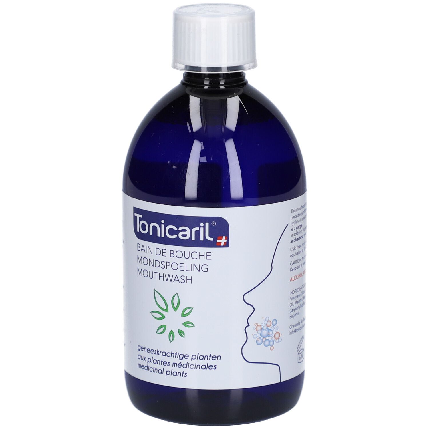 Blauwe fles met witte dop. Opschrift: Tonicaril, Bain de Bouche, Mouthwash. Met planten-symbool en mond-afbeelding.