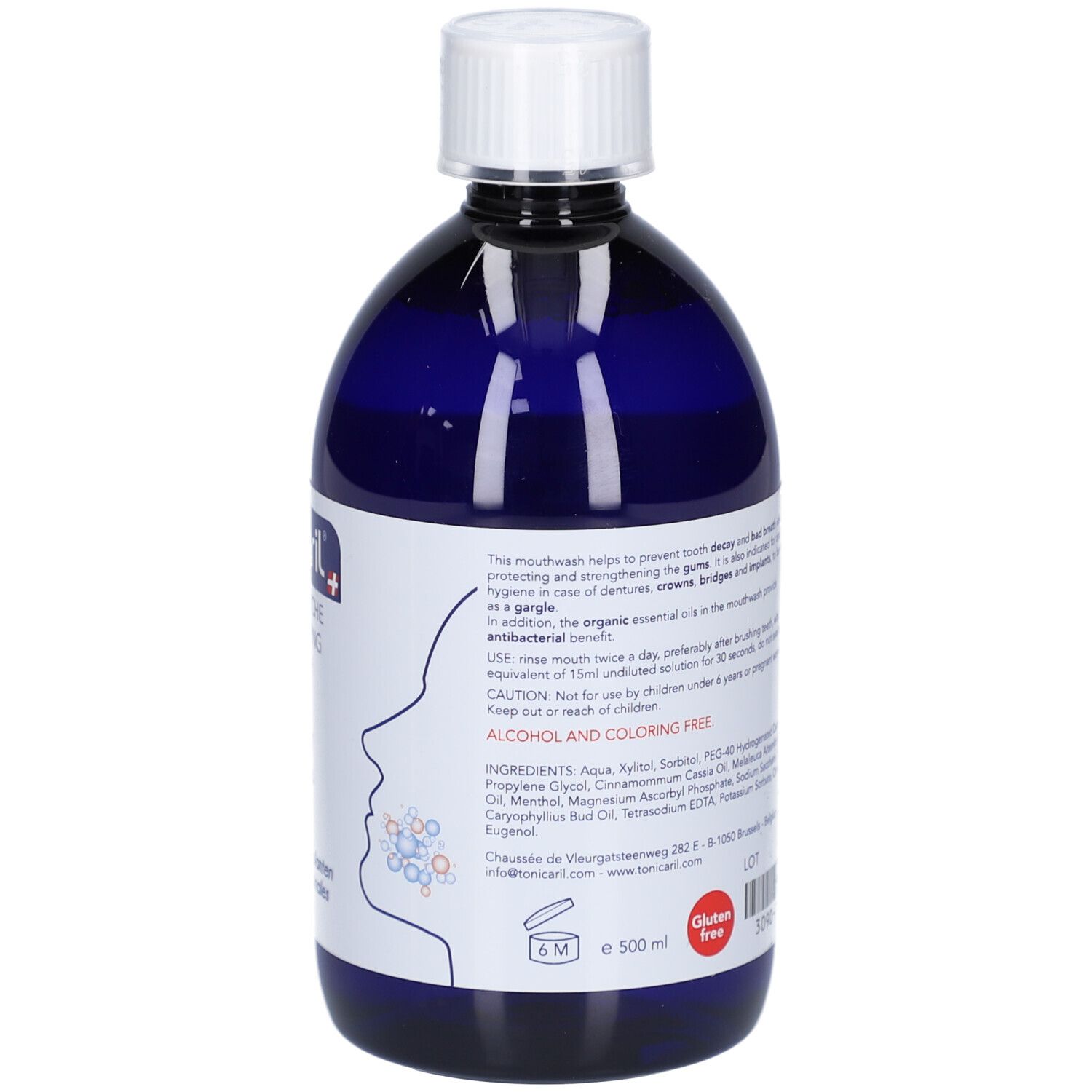 Blauwe fles met witte dop. Opschrift: Tonicaril, Bain de Bouche, Mouthwash. Met mond-afbeelding en ingrediënten.