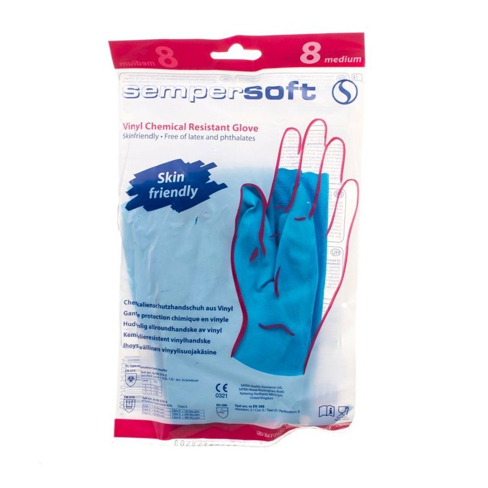 Paquet de gants bleus. Inscription: Sempersoft, Vinyl Chemical Resistant Glove. Taille 8, medium. Skin friendly.