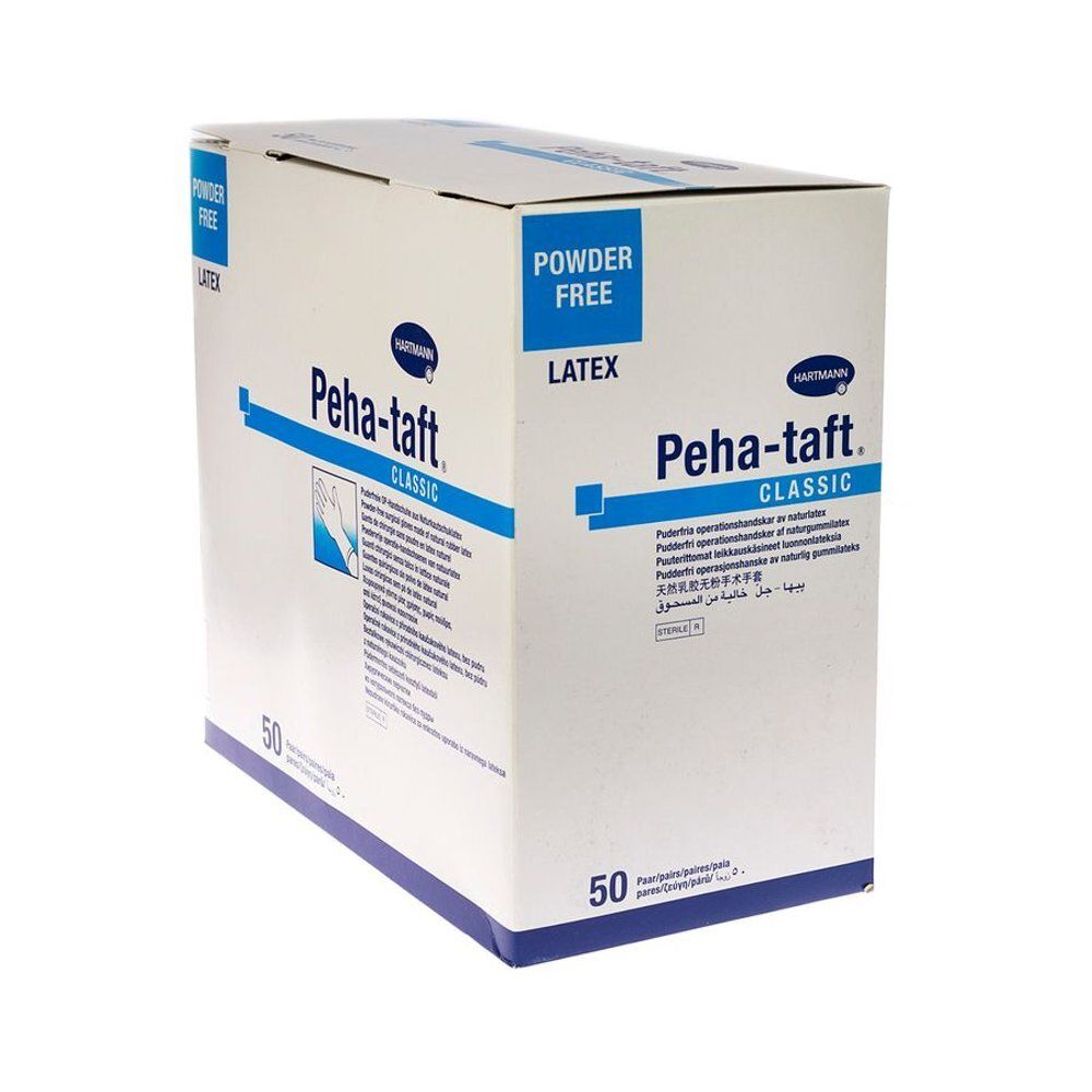 Boîte en carton de gants. Inscription : Peha-taft classic, sans poudre, latex. Contient 50 pièces.
