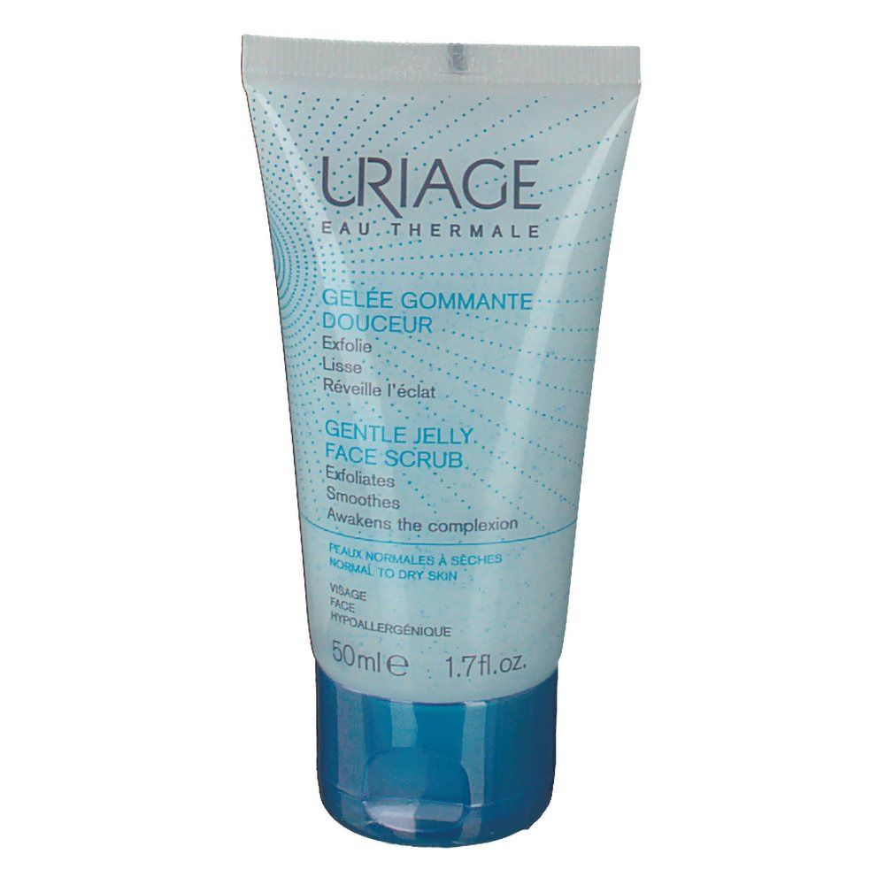 Lichtblauwe tube met witte dop. Opschrift: Uriage, Gelée Gommante Douceur, Gentle Jelly Face Scrub. 50ml.