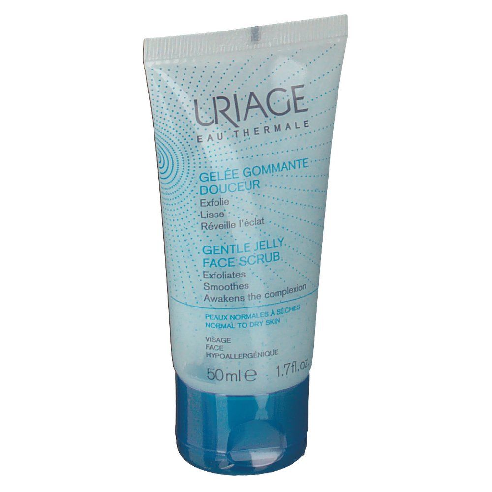 Lichtblauwe tube met witte dop. Opschrift: Uriage, Gelée Gommante Douceur, Gentle Jelly Face Scrub. 50ml.