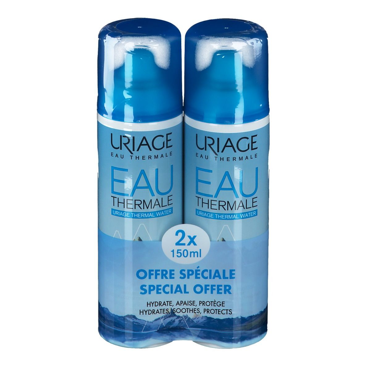 Twee blauwe spuitflessen in plastic verpakking. Opschrift: Uriage Eau Thermale, 2x150ml. Speciale aanbieding.