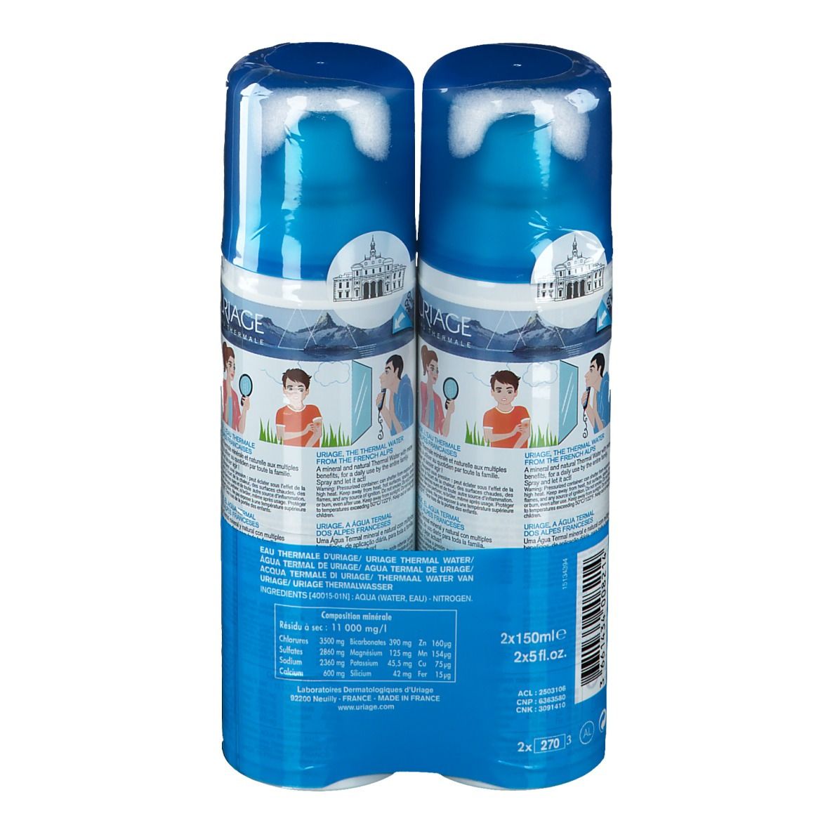 Achterkant van de flessen. Opschrift: Uriage Eau Thermale, ingrediënten, instructies. 2x150ml.