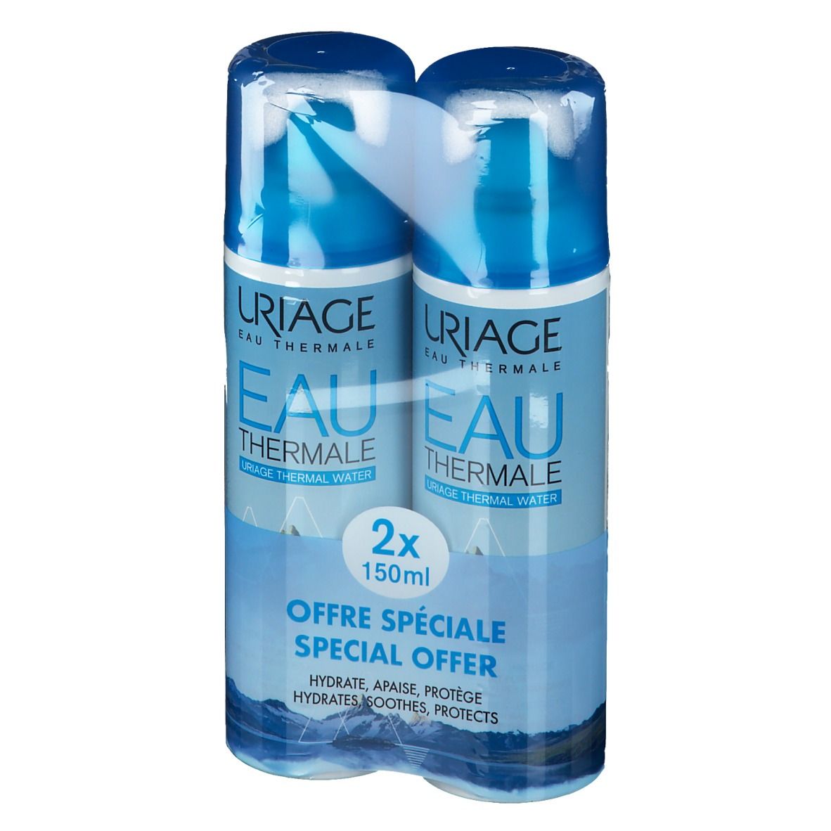 Twee blauwe spuitflessen in plastic verpakking. Opschrift: Uriage Eau Thermale, 2x150ml. Speciale aanbieding.