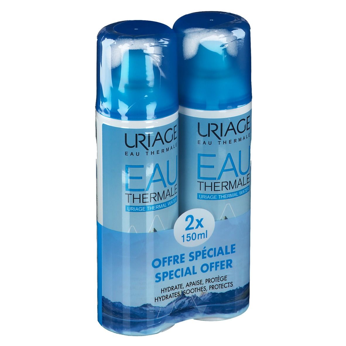 Twee blauwe spuitflessen in plastic verpakking. Opschrift: Uriage Eau Thermale, 2x150ml. Speciale aanbieding.