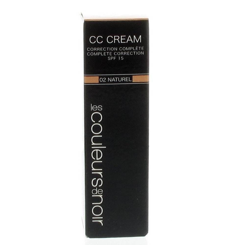 Emballage noir de CC Cream. Texte: Correction Complète, SPF 15. Teinte: 02 Naturel. Logo: Les Couleurs de Noir.