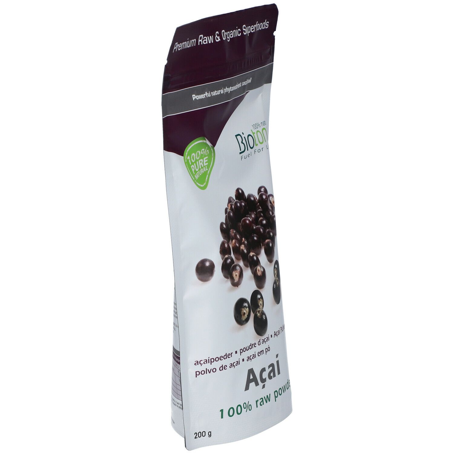Schuin staand zakje açai poeder. Opschriften: Biotona, Açai, 100% raw powder, bio label. 200g.