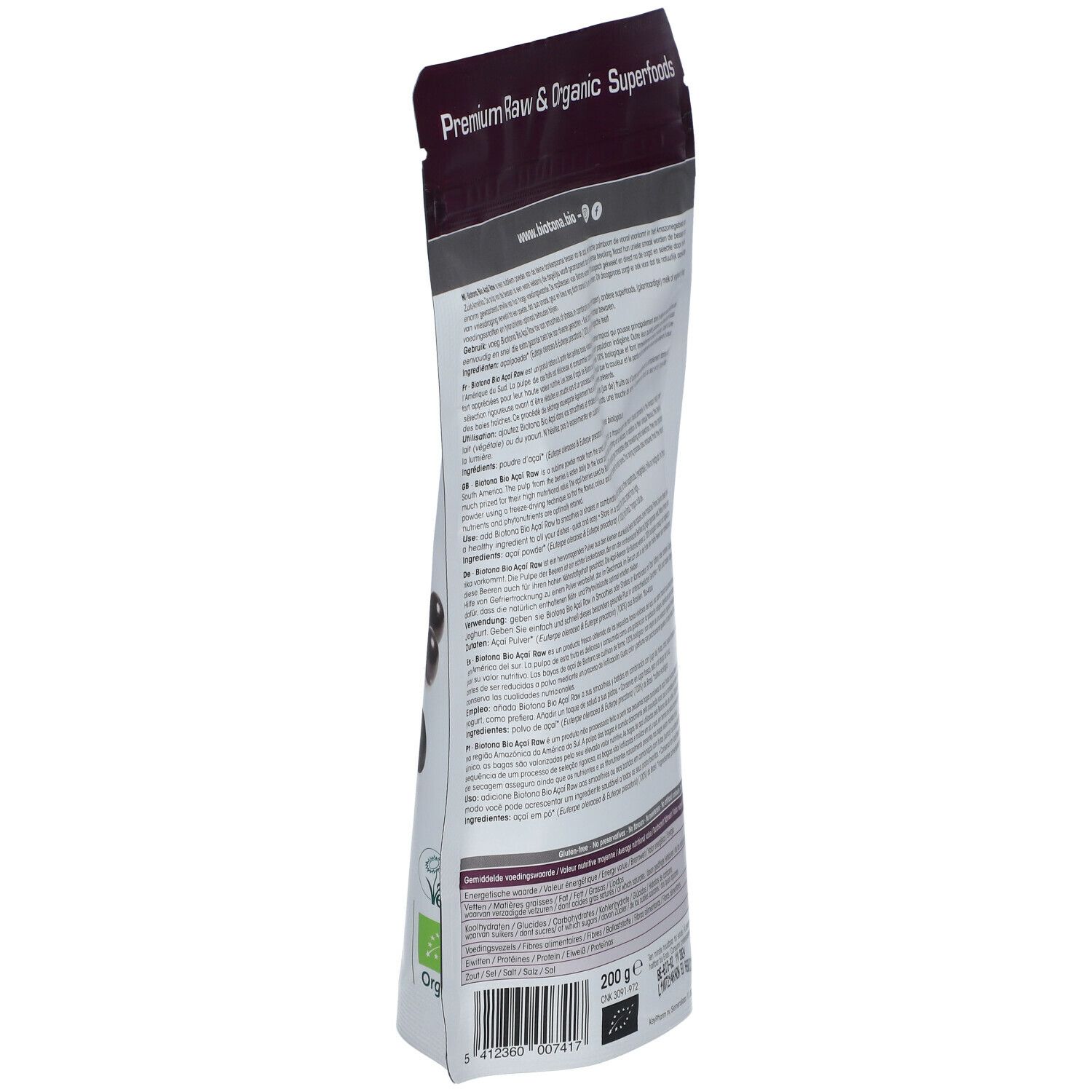 Schuin staande achterkant van het zakje açai poeder. Meertalige tekst. Bio label. 200g.