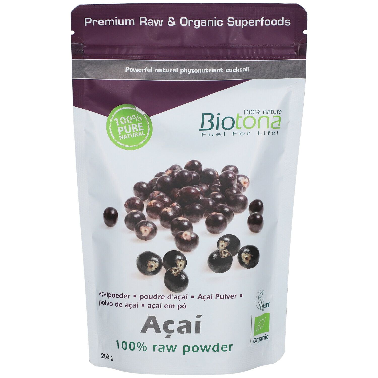 Zakje açai poeder. Opschriften: Biotona, Açai, 100% raw powder, bio label. Açai bessen. 200g.