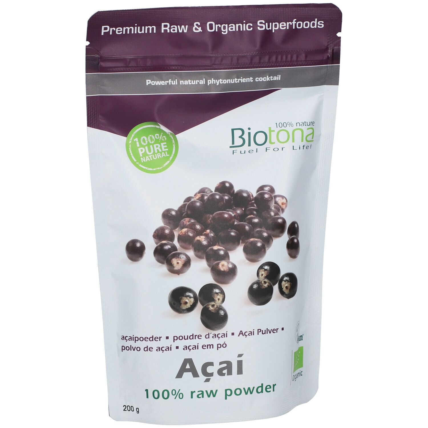 Zakje açai poeder. Opschriften: Biotona, Açai, 100% raw powder, bio label. Açai bessen. 200g.