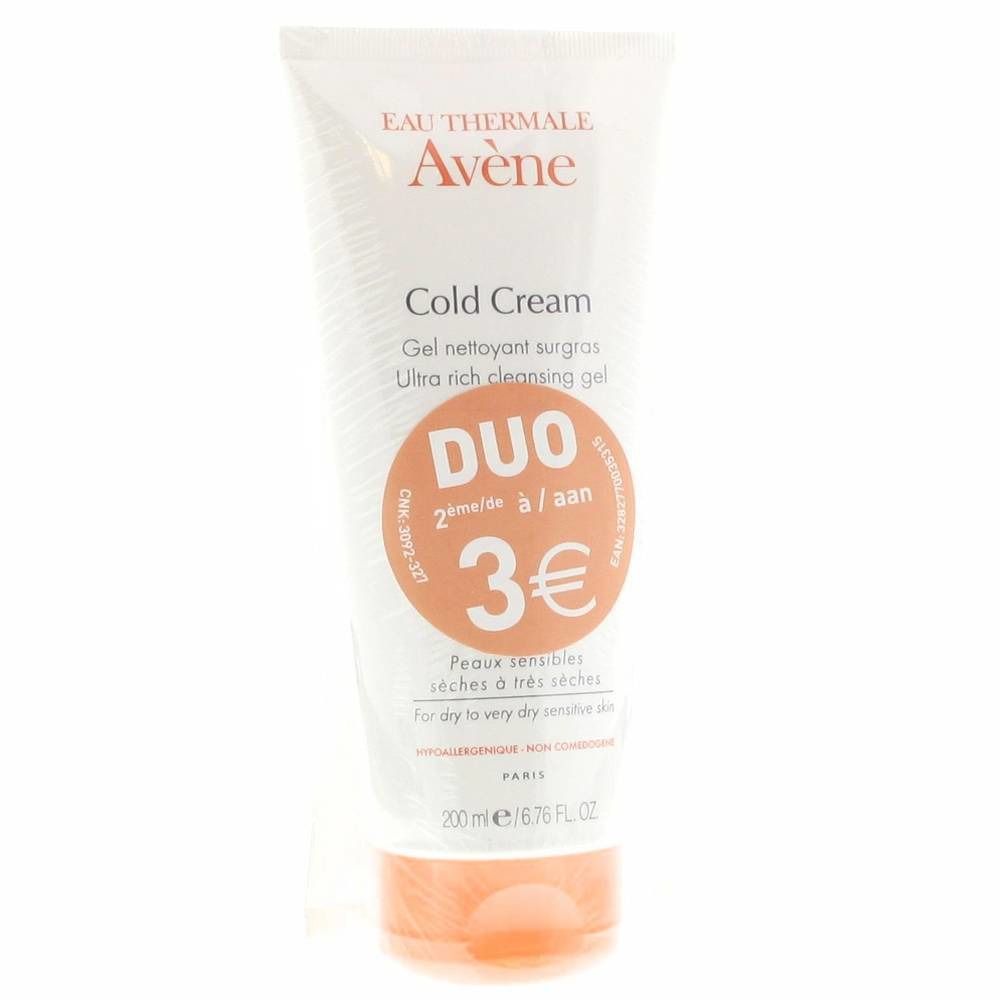 Tube blanc et orange avec texte « DUO 3€ ». Inscription « Gel nettoyant surgras » et « Peaux sensibles ». Marque Avène.