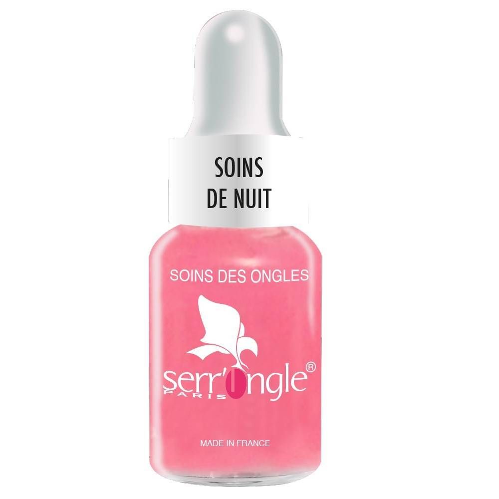 Klein flesje met roze vloeistof. Opschriften: Soins de Nuit, Soins des Ongles, Serr'ongle Paris. Gemaakt in Frankrijk.