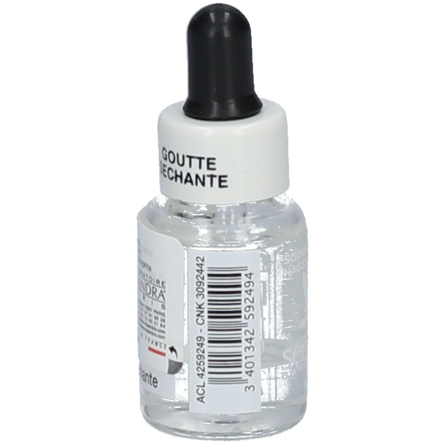 Klein glazen flesje met druppelaar. Opschrift: Goutte Séchante. Etiket met barcode en informatie.
