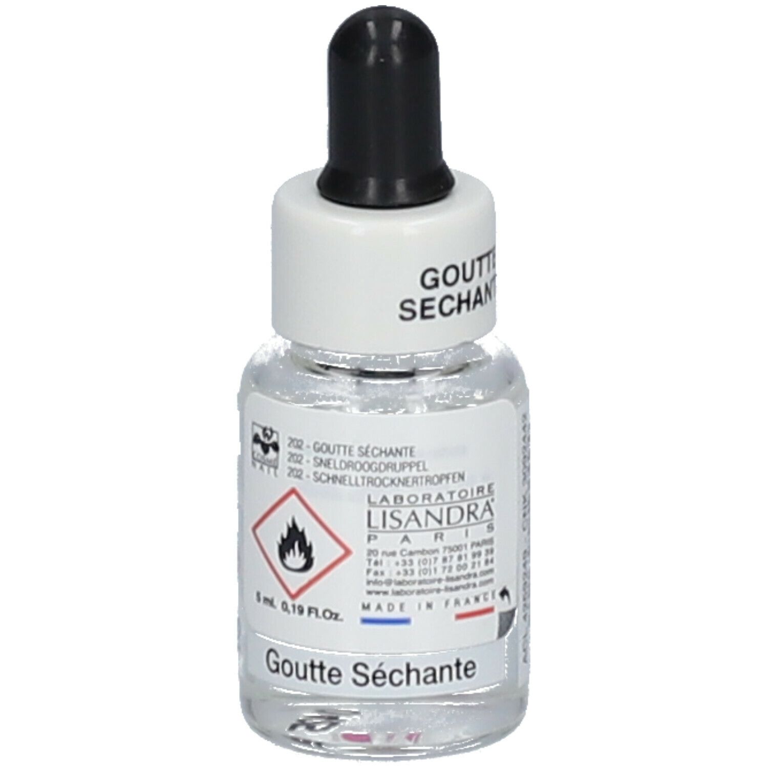 Klein glazen flesje met druppelaar. Opschrift: Goutte Séchante. Gevaarsymbool. Merk: Lisandra Paris.