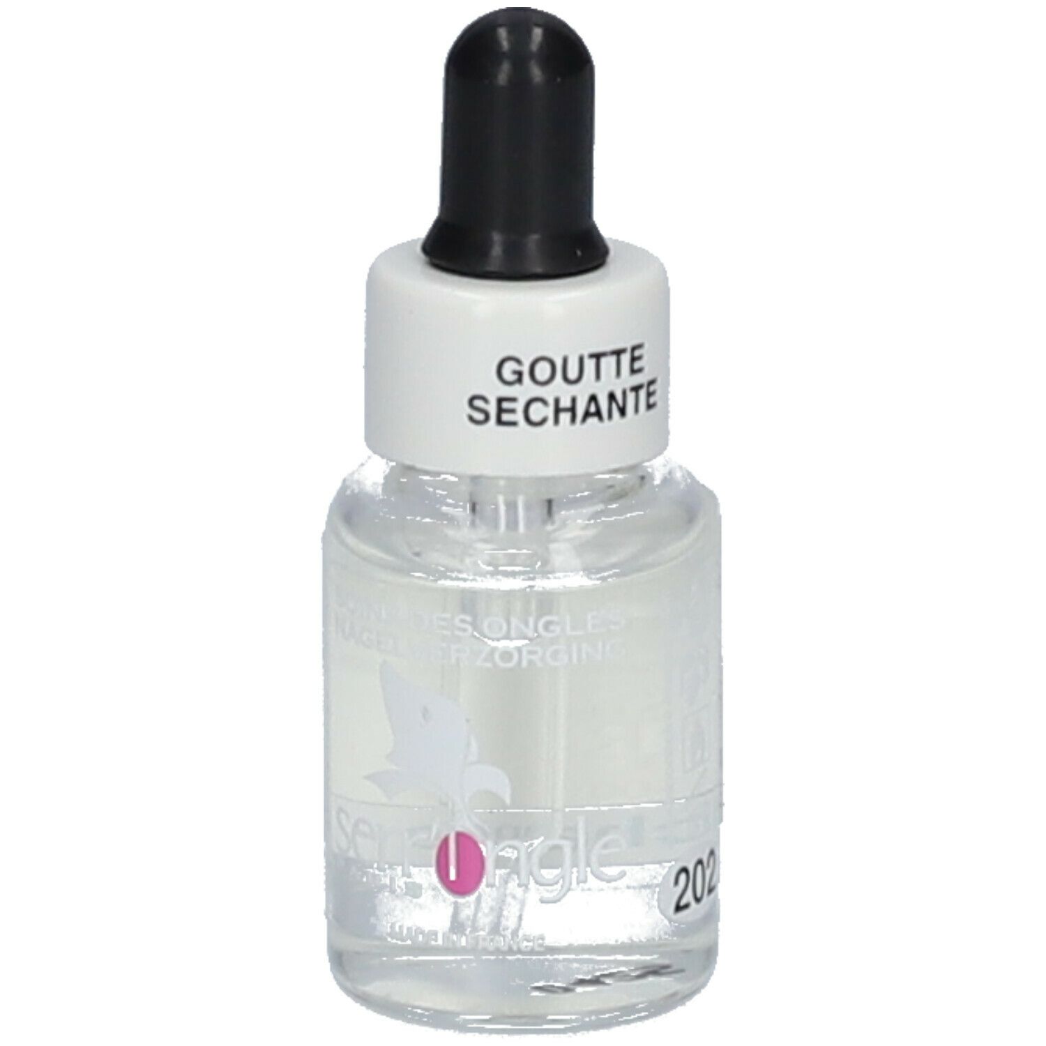 Klein glazen flesje met druppelaar. Opschrift: Goutte Séchante. Merk: Serr'Ongle. Met roze accent.