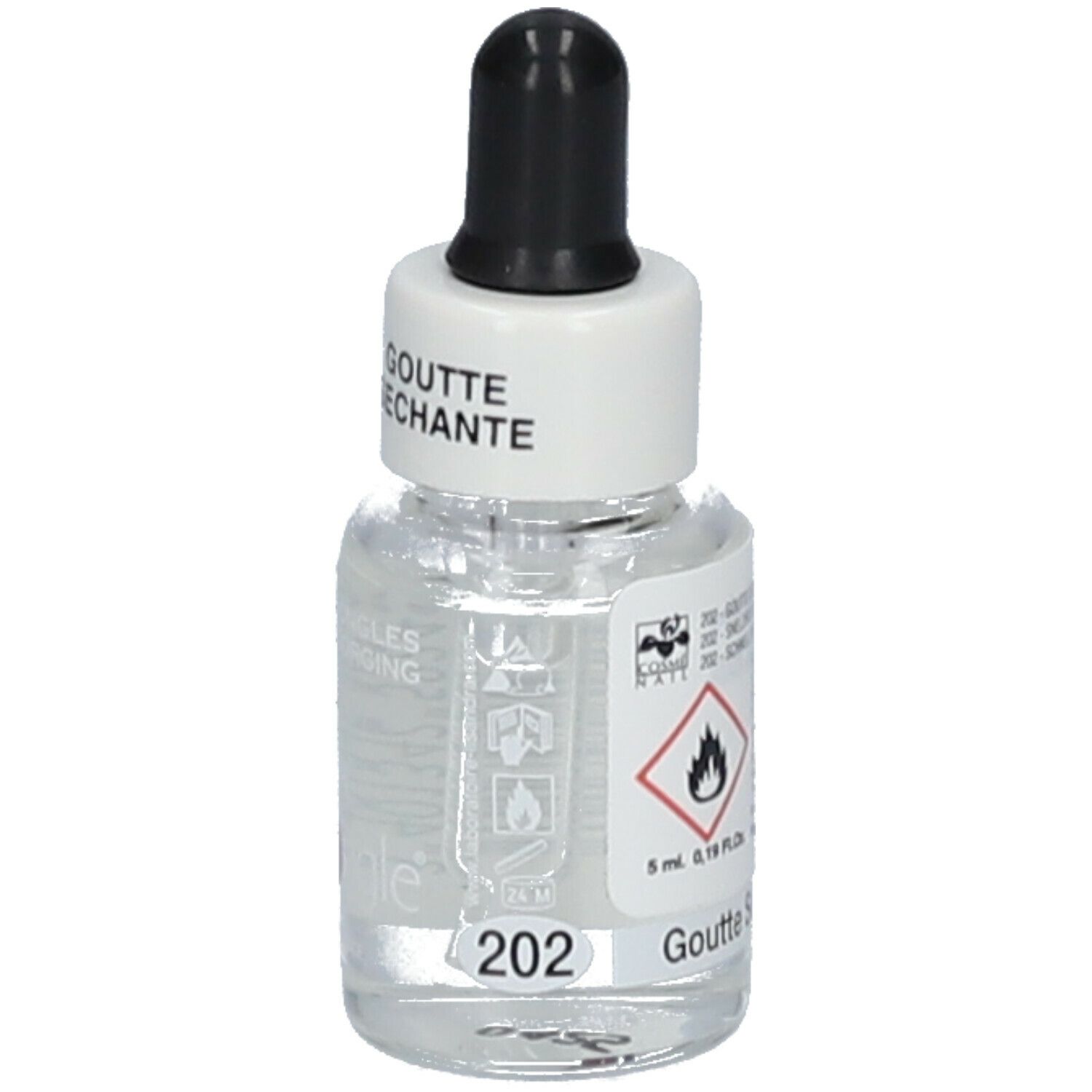 Klein glazen flesje met druppelaar. Opschrift: Goutte Séchante. Gevaarsymbool. Volume: 5 ml.