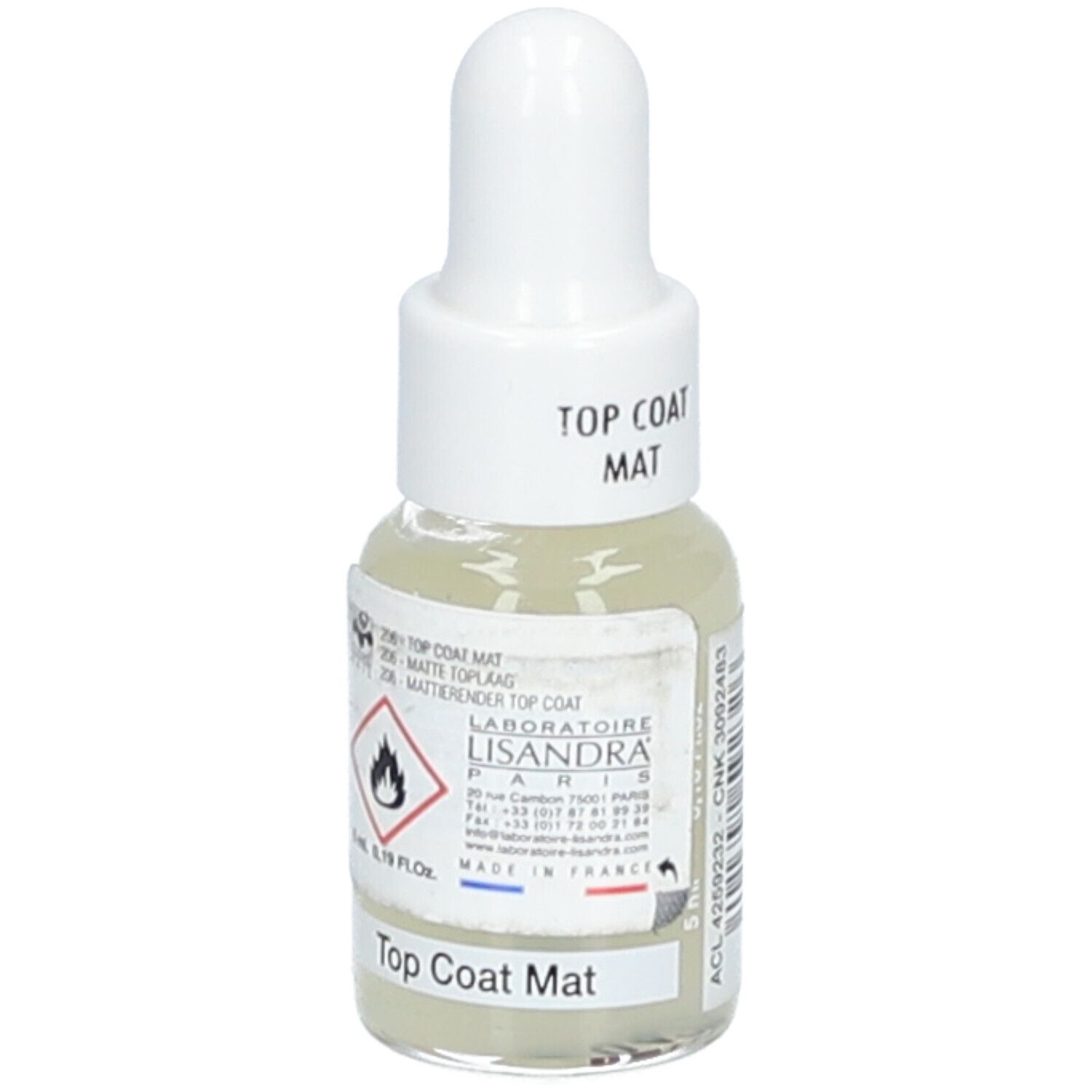 Flacon de vernis à ongles avec bouchon blanc. Inscription: Top Coat Mat. Marque Lisandra Paris. Symbole de danger: flamme.
