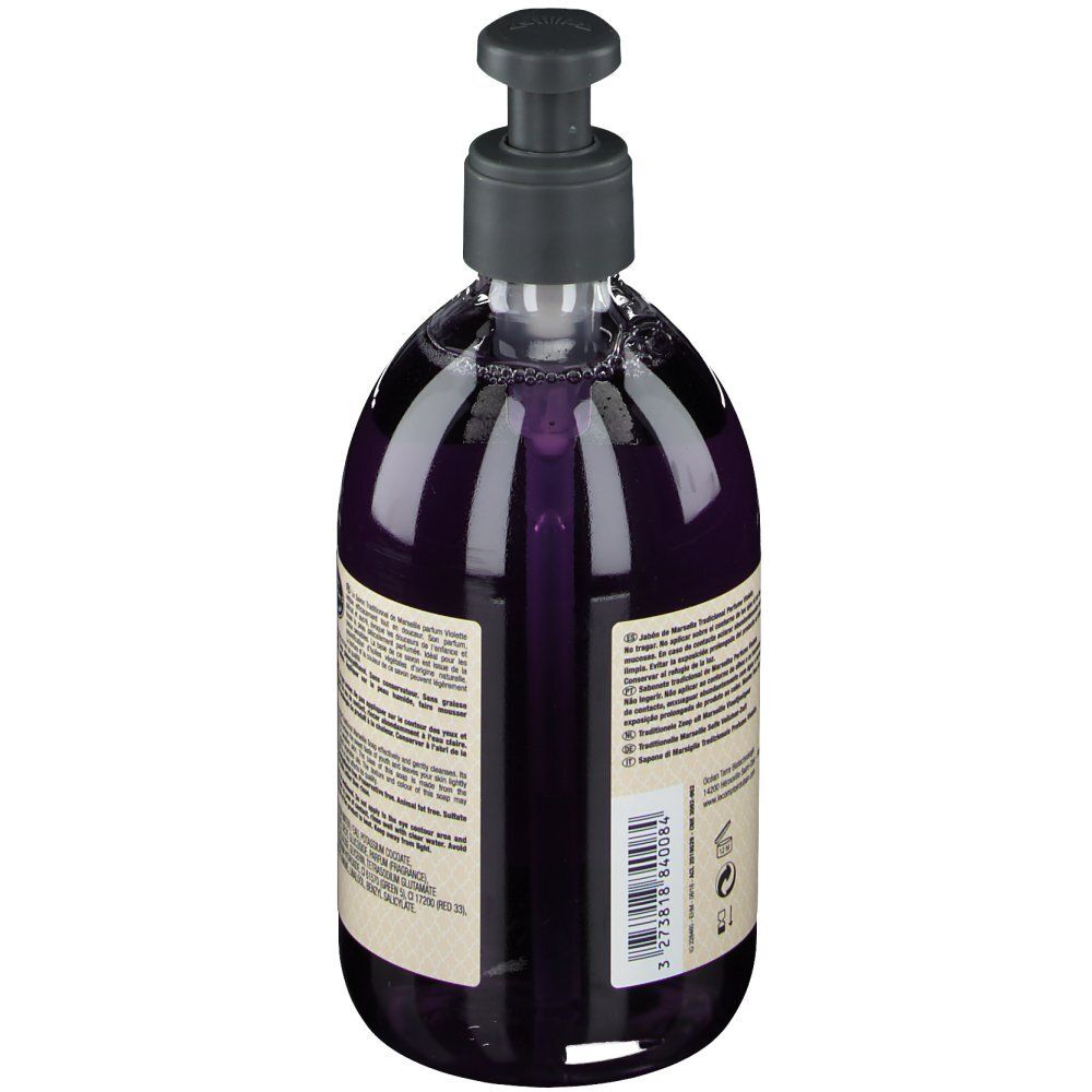 Savon avec pompe, vue arrière. Inscription: Le Comptoir du Bain, Savon de Marseille. Texte multilingue.