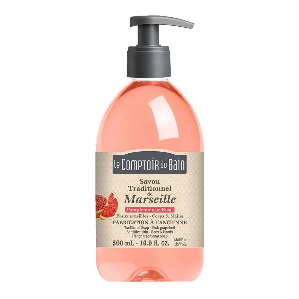 Savon liquide rose avec pompe. Inscription: Le Comptoir du Bain, Savon de Marseille, Pamplemousse Rose. 500 ml.