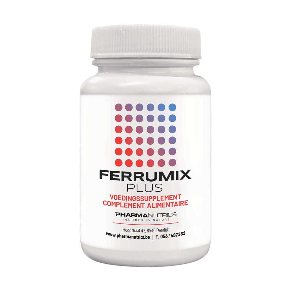Flacon blanc avec dégradé rouge et bleu. Inscription: Ferrumix Plus, complément alimentaire, Pharmanutrics.