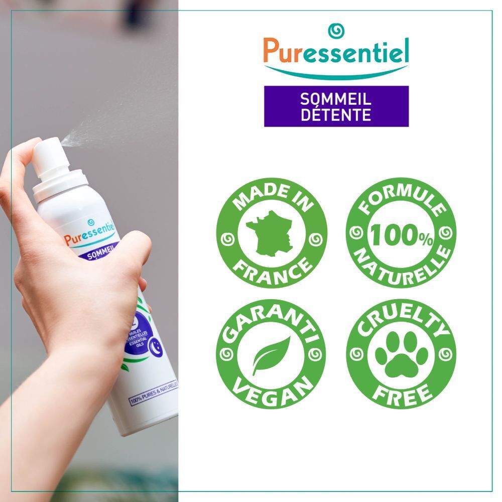 Puressentiel Spray aux 12 huiles essentielles: Camomille, Lavande, Orange, Palmarosa.
