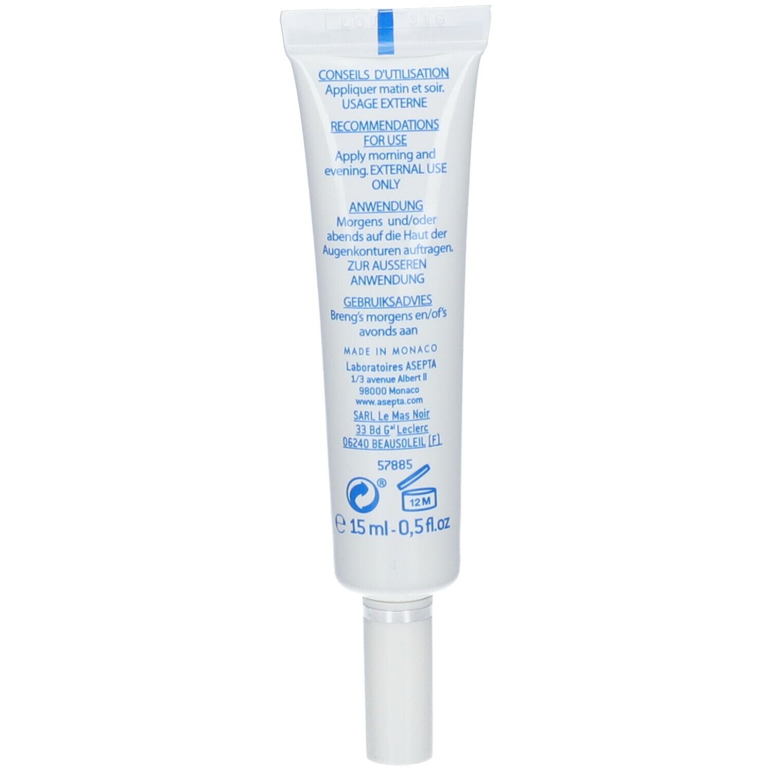 Witte tube met blauwe tekst. Tekst: Gebruiksaanwijzing, 15 ml, 0,5 fl.oz.