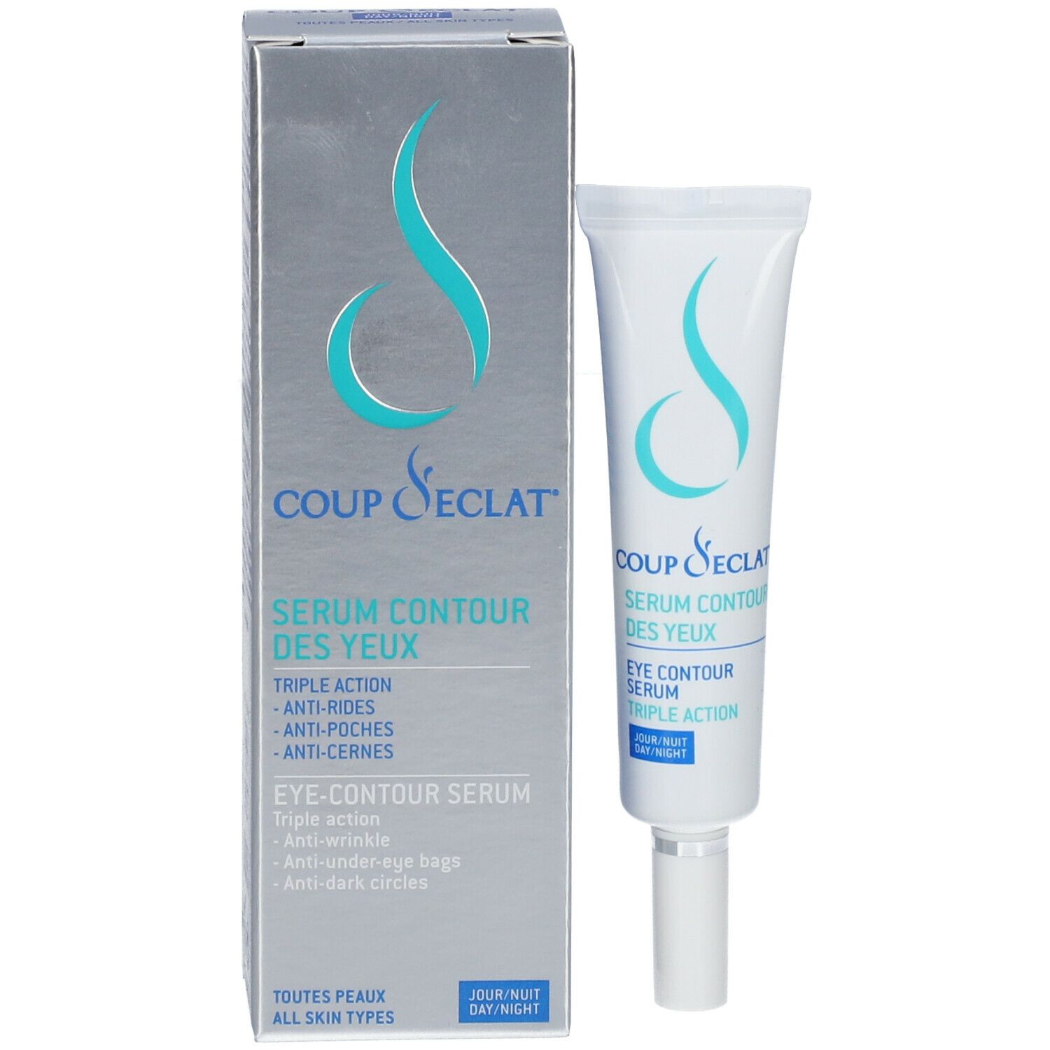 Verpakking en tube. Op de verpakking: Coup d'Eclat, Sérum Contour des Yeux. Op de tube: Eye Contour Serum.