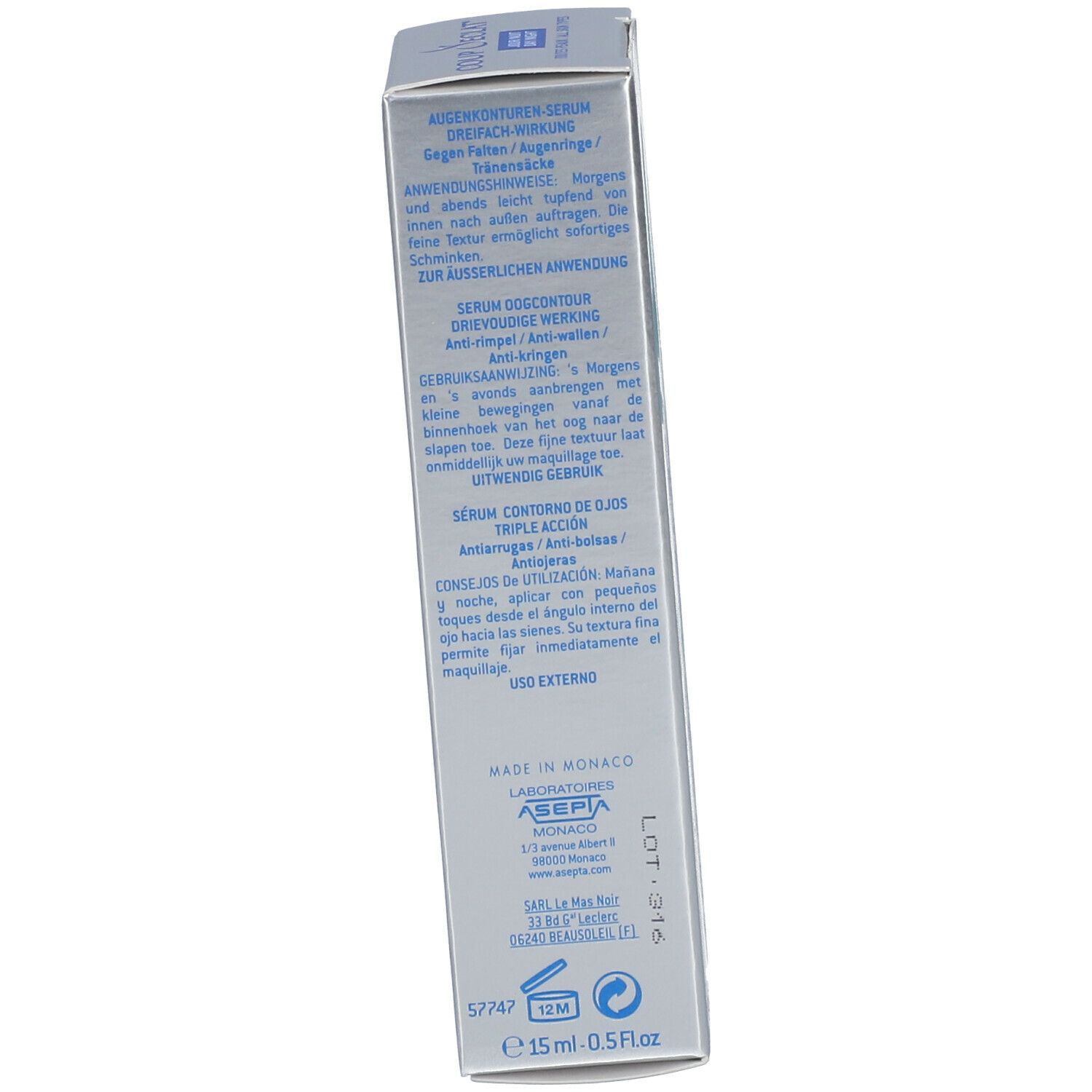 Achterkant verpakking. Tekst: Sérum Contour des Yeux, gebruiksaanwijzing, 15 ml.
