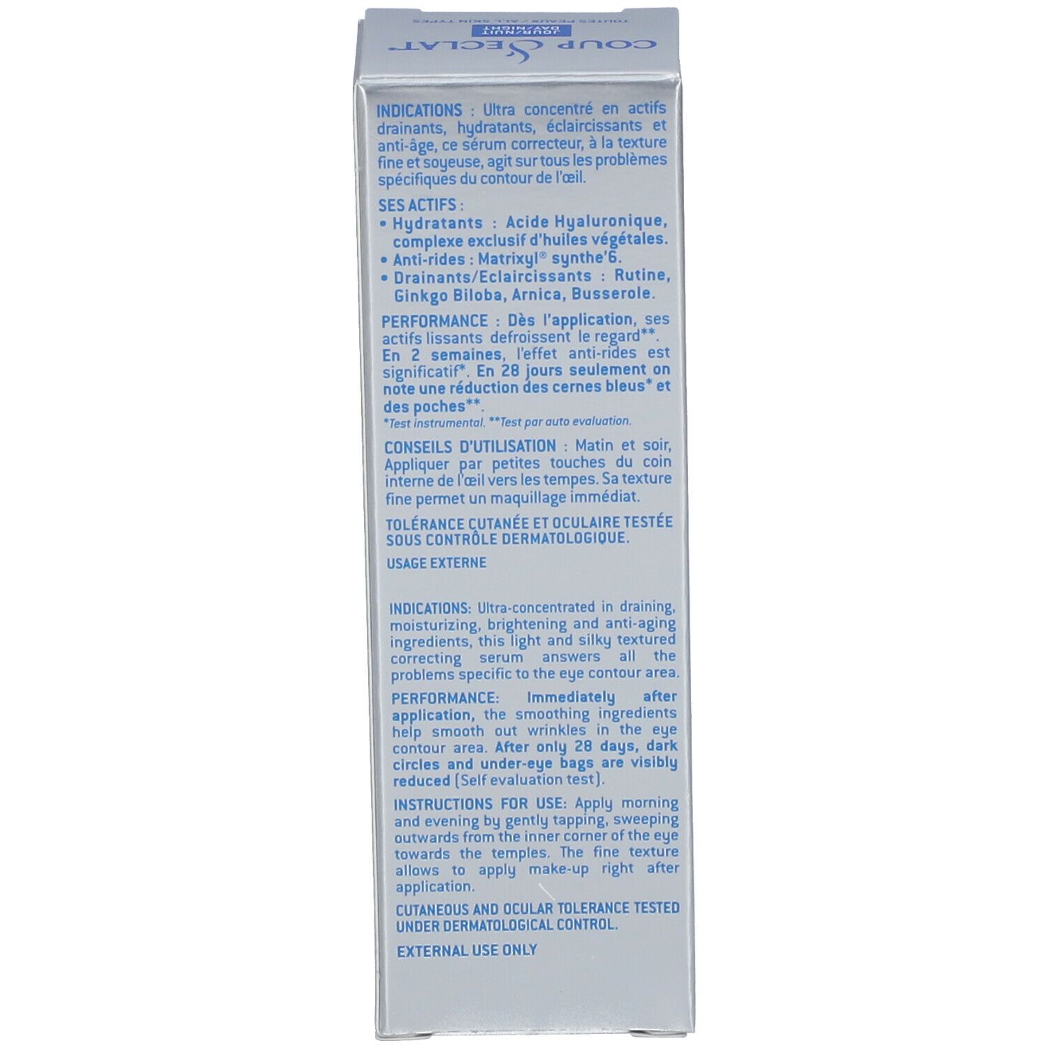 Verpakking, tekst: Indicaties, ingrediënten, gebruiksaanwijzing, dermatologisch getest.