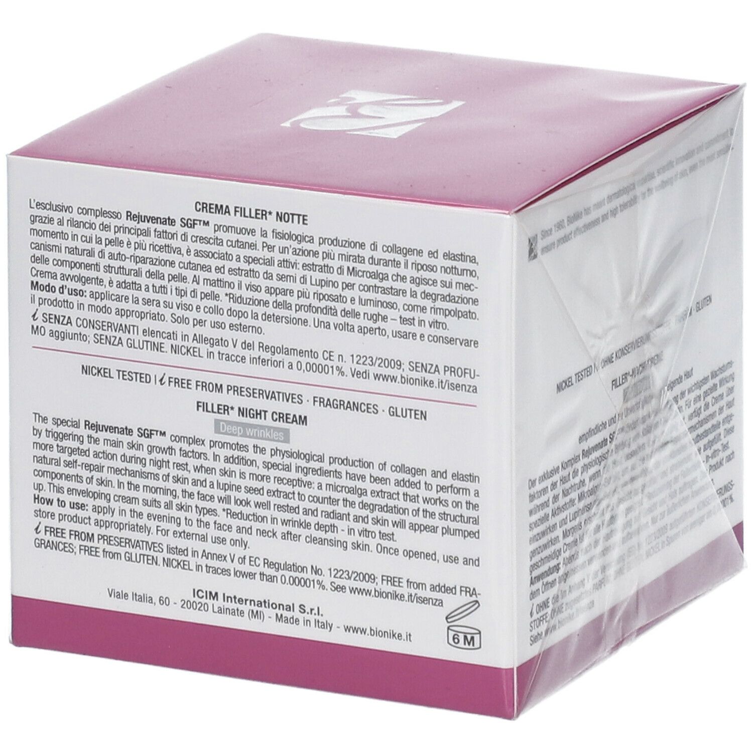 Emballage crème de nuit BioNike DEFENCE XAGE Ultimate. Vue détaillée du dos avec texte. Sans conservateurs, parfum, gluten.