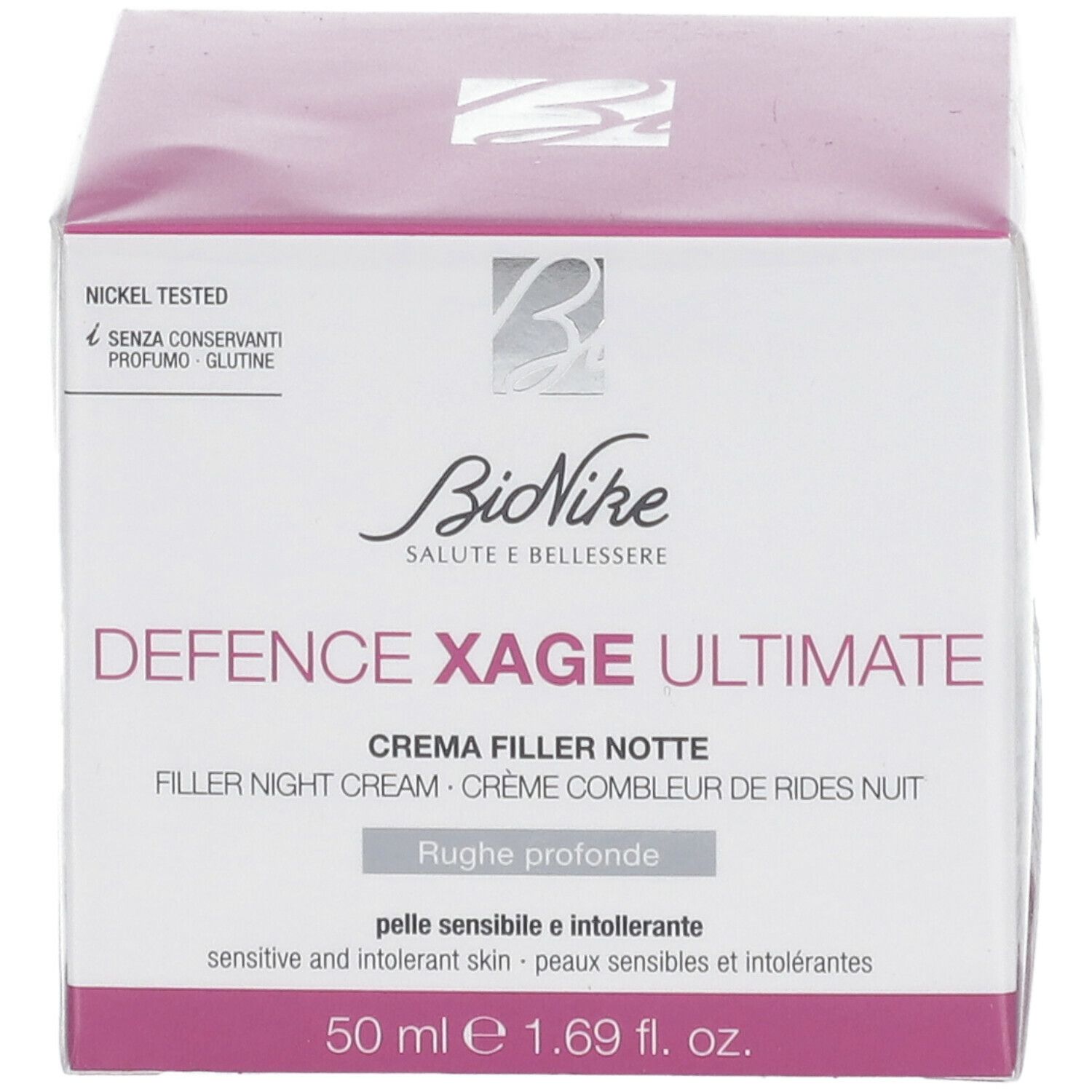 Boîte de crème de nuit BioNike DEFENCE XAGE Ultimate. Boîte rose et blanche avec nom et logo du produit. Testé au nickel.