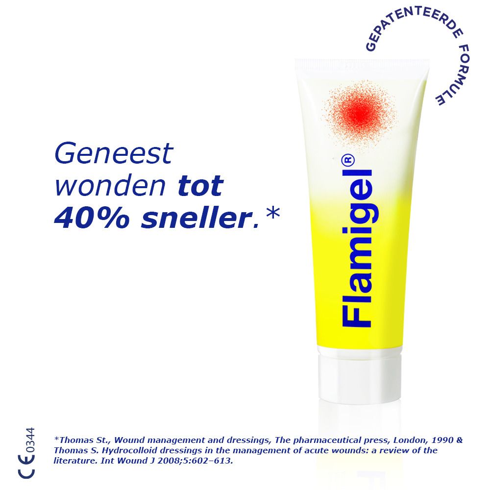 Flamigel® gel tube. Tube met gele achtergrond en rode stip. Tekst: Geneest wonden tot 40% sneller.